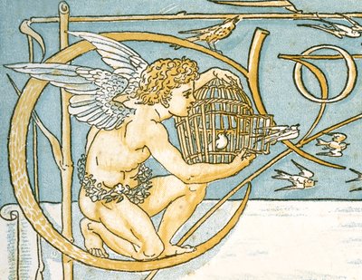 Ange offrant une cage en osier avec une porte ouverte permettant aux oiseaux chanteurs de s